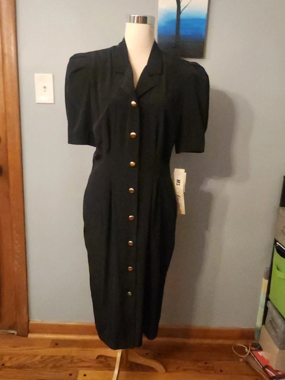 Vintage 80s MS Chaus Short Sleeve Dress Women 10 Black w/ Gold Buttons NWT